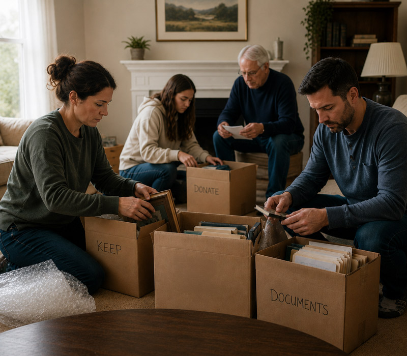 family organising belongings
